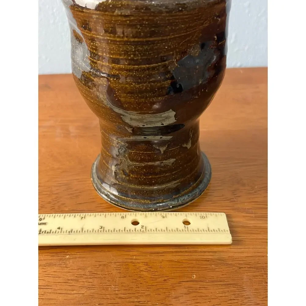 VTG Art Pottery Vase Hand Thrown Brown Glazed Stoneware Signed